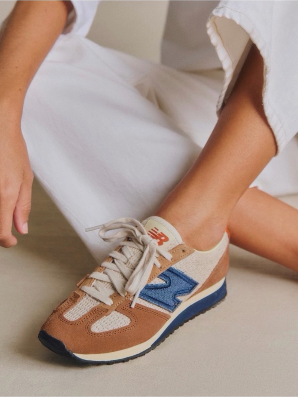 Sézane x New Balance Tan Suede & Navy Accent Retro Runner with Orange Heel Tab